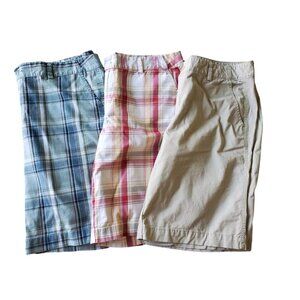 Eddie Bauer Shorts Womens Sz 16 Bermuda Lot Of 3 Plaid Red Blues And Khaki